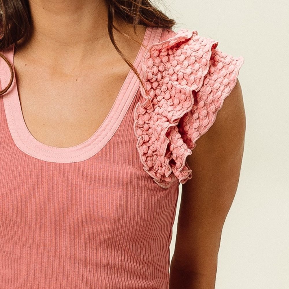 Black Friday Deals ◇ BiBi Rib Knit Ruffled Top Pink Ruffle Sleeve Tank Top - Picture 10 of 12